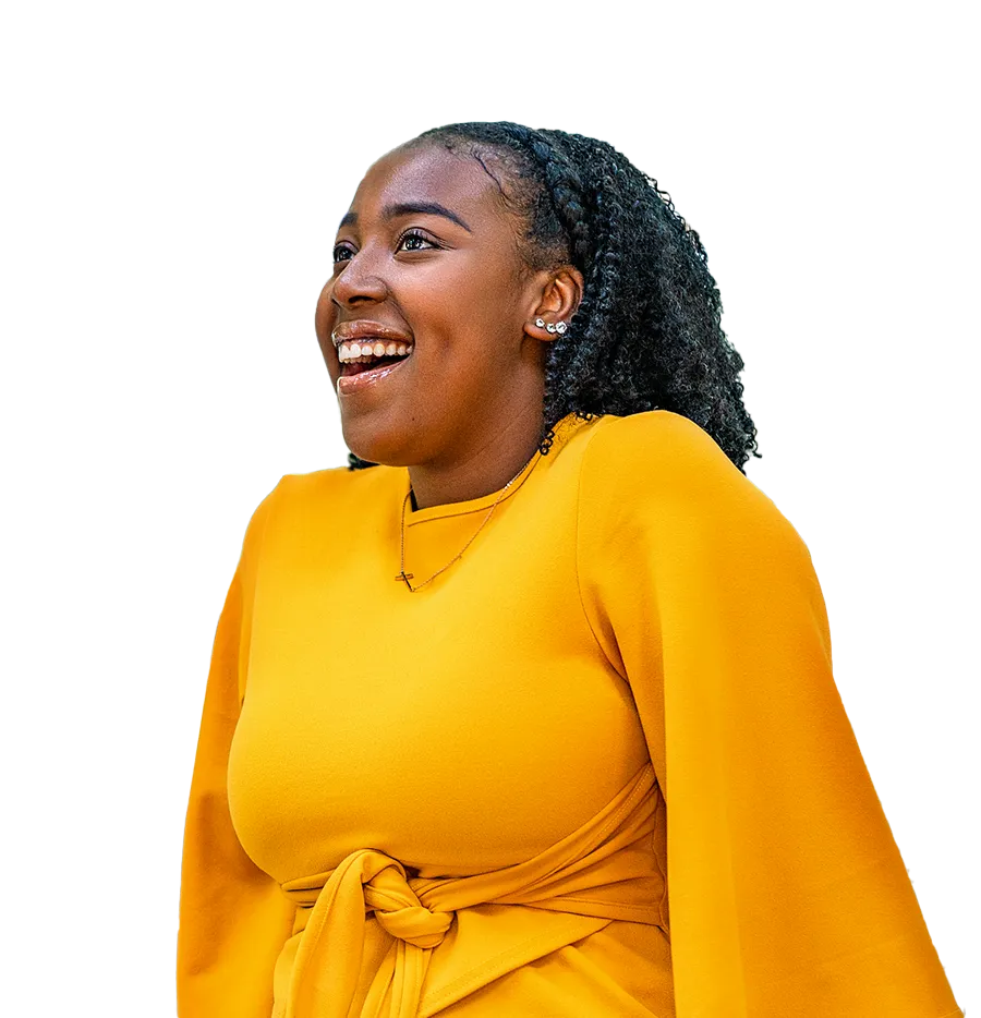 A young woman in orange smiling
